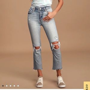 DAZE DENIM Shy Girl Light Wash Distressed High-Waisted Cropped Flare Jeans